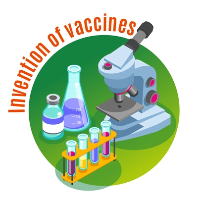 Vaccination isometric background with images of microscope and glass tubes filled with colourful liquids with text vector illustration