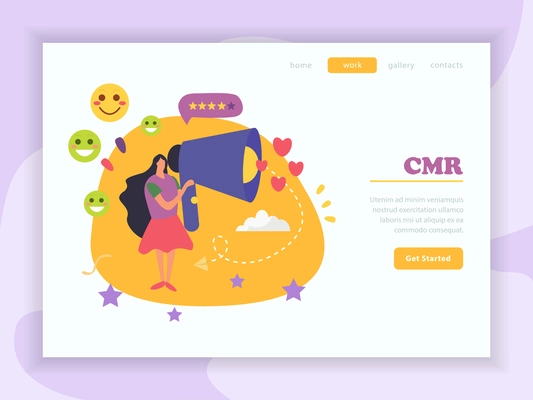 CRM customer relationship management background with cartoon style images decorative artwork symbols with get started button vector illustration