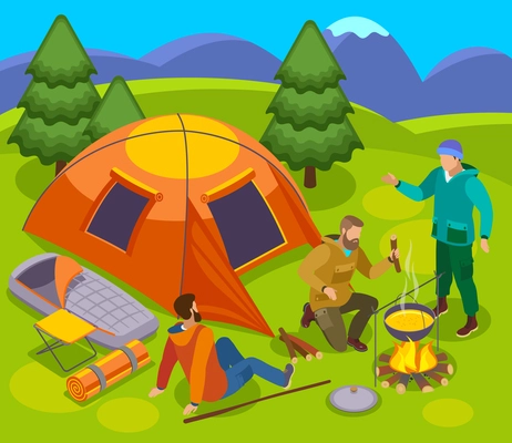 Hiking isometric composition with set tent campfire and group of male tourists in wild nature landscape vector illustration