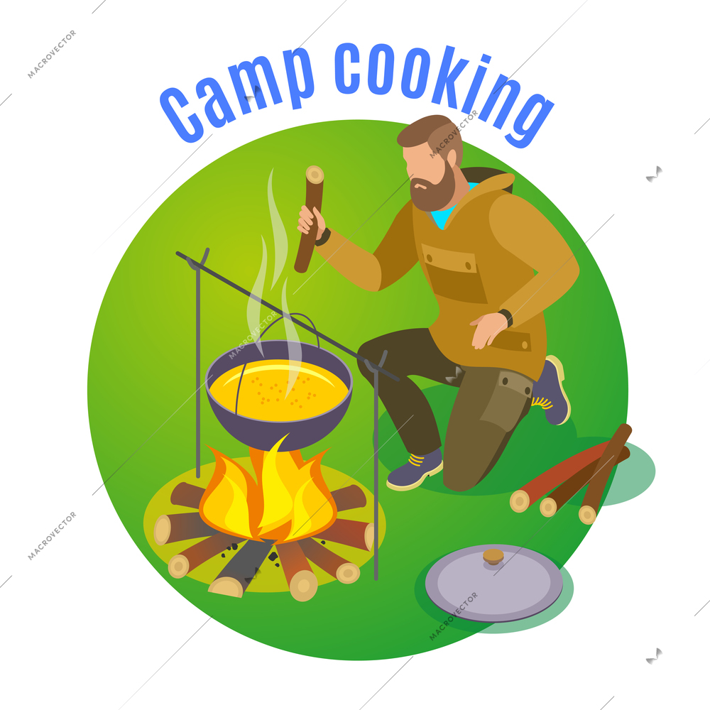 Hiking isometric background with campfire and cooking tin and brushwood flat images with man and text vector illustration