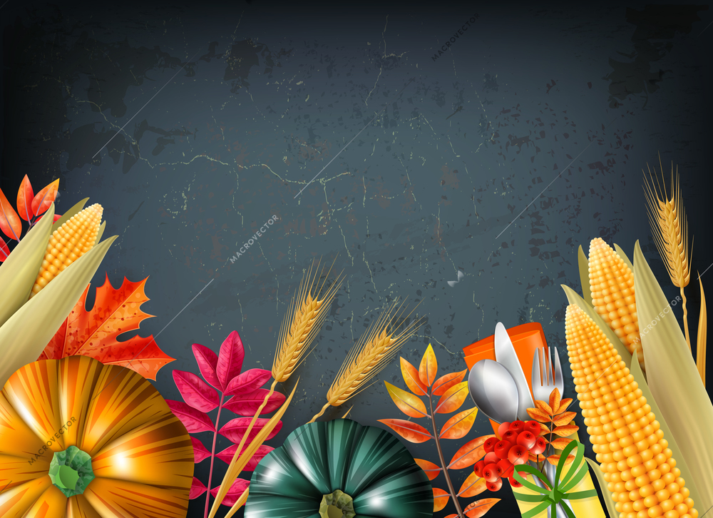 Thanksgiving day background with multicolored 3d and realistic pumpkins and orange leaves vector illustration