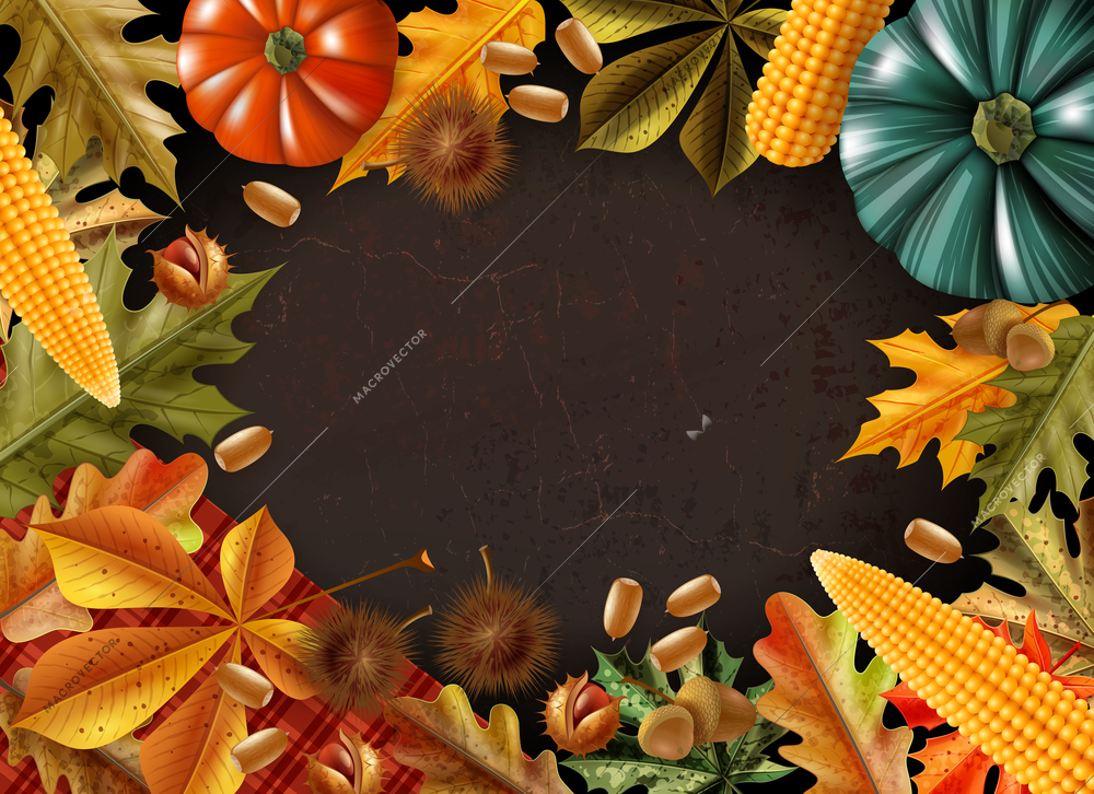 Thanksgiving day colored composition with frame made from different products and leaves vector illustration