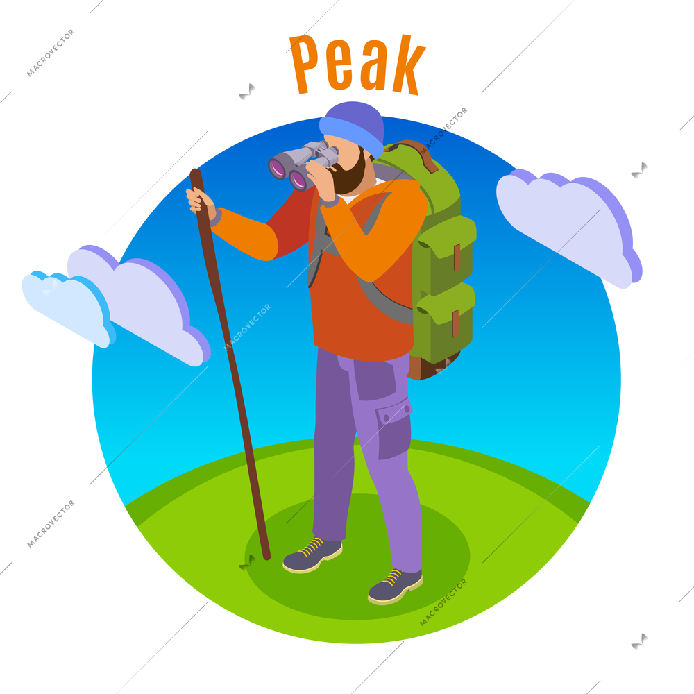 Hiking isometric background with human character of tourist in open plain with cloud images and text vector illustration