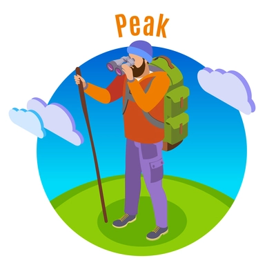 Hiking isometric background with human character of tourist in open plain with cloud images and text vector illustration