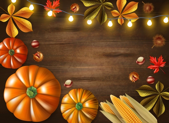 Thanksgiving day colored frame with different size pumpkins and lights on wooden background vector illustration