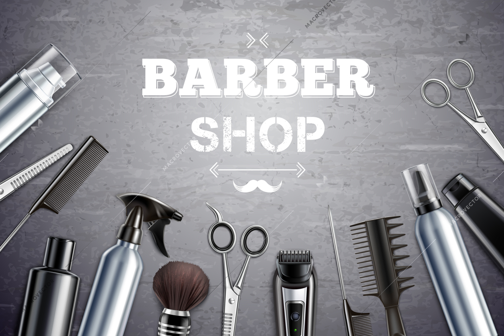 Barber shop hair styling tools supplies set realistic monochrome top view with shaving brush background vector illustration