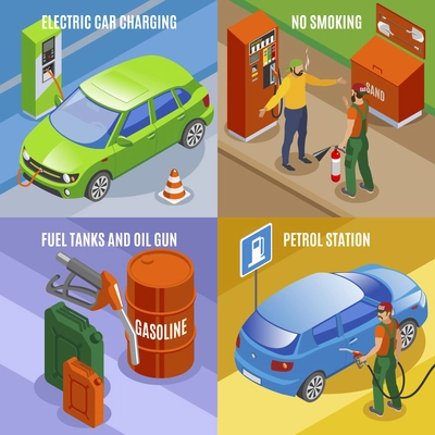 Gas stations refills isometric 2x2 design concept with compositions of car images fuel tanks and text vector illustration