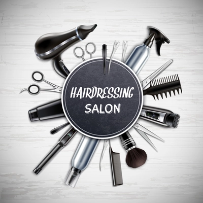 Hairdressing salon barber shop tools realistic round composition with scissors hairdryer trimmer monochrome wooden background vector illustration