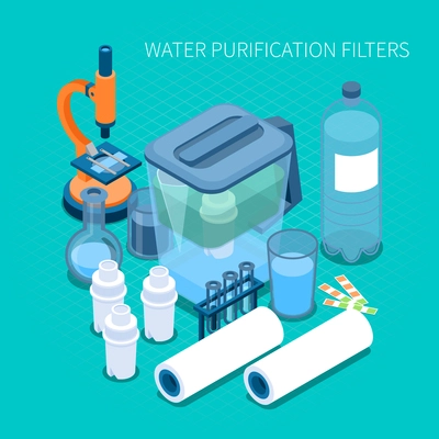 Filters for home water purification and test laboratory equipment isometric composition on turquoise background vector illustration