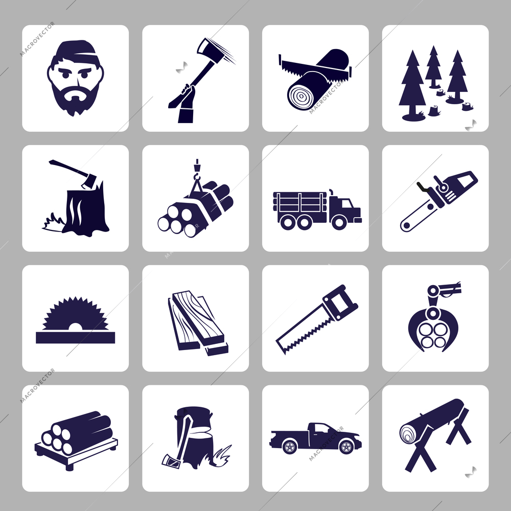 Lumberjack woodcutter icons set of wood log saw tree  isolated vector illustration