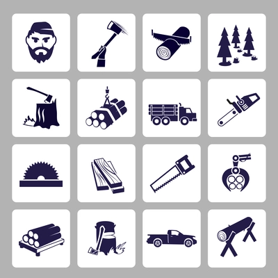 Lumberjack woodcutter icons set of wood log saw tree  isolated vector illustration