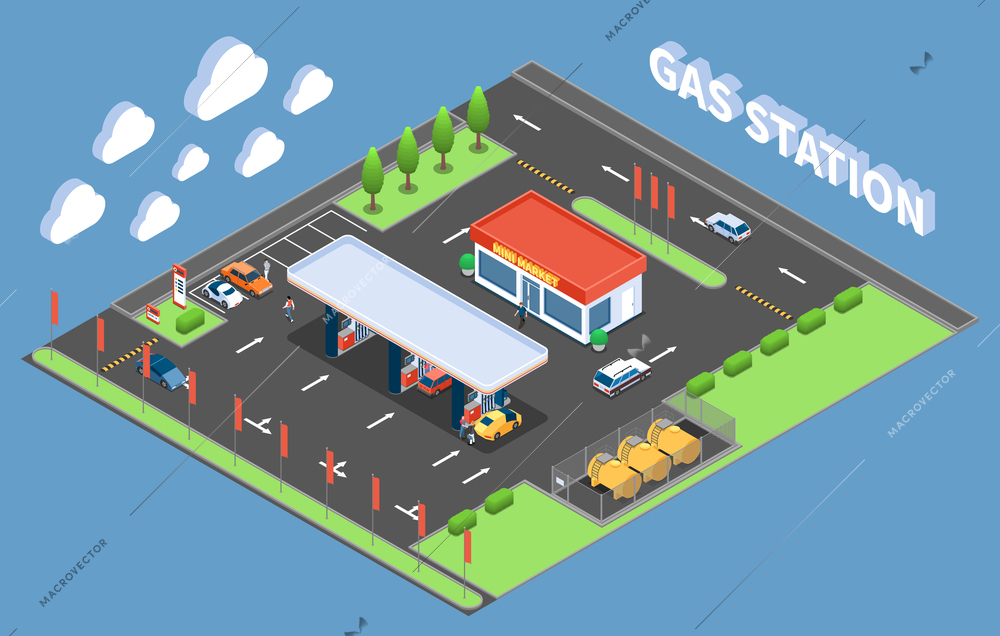 Clients at gas station with store isometric composition on blue background vector illustration