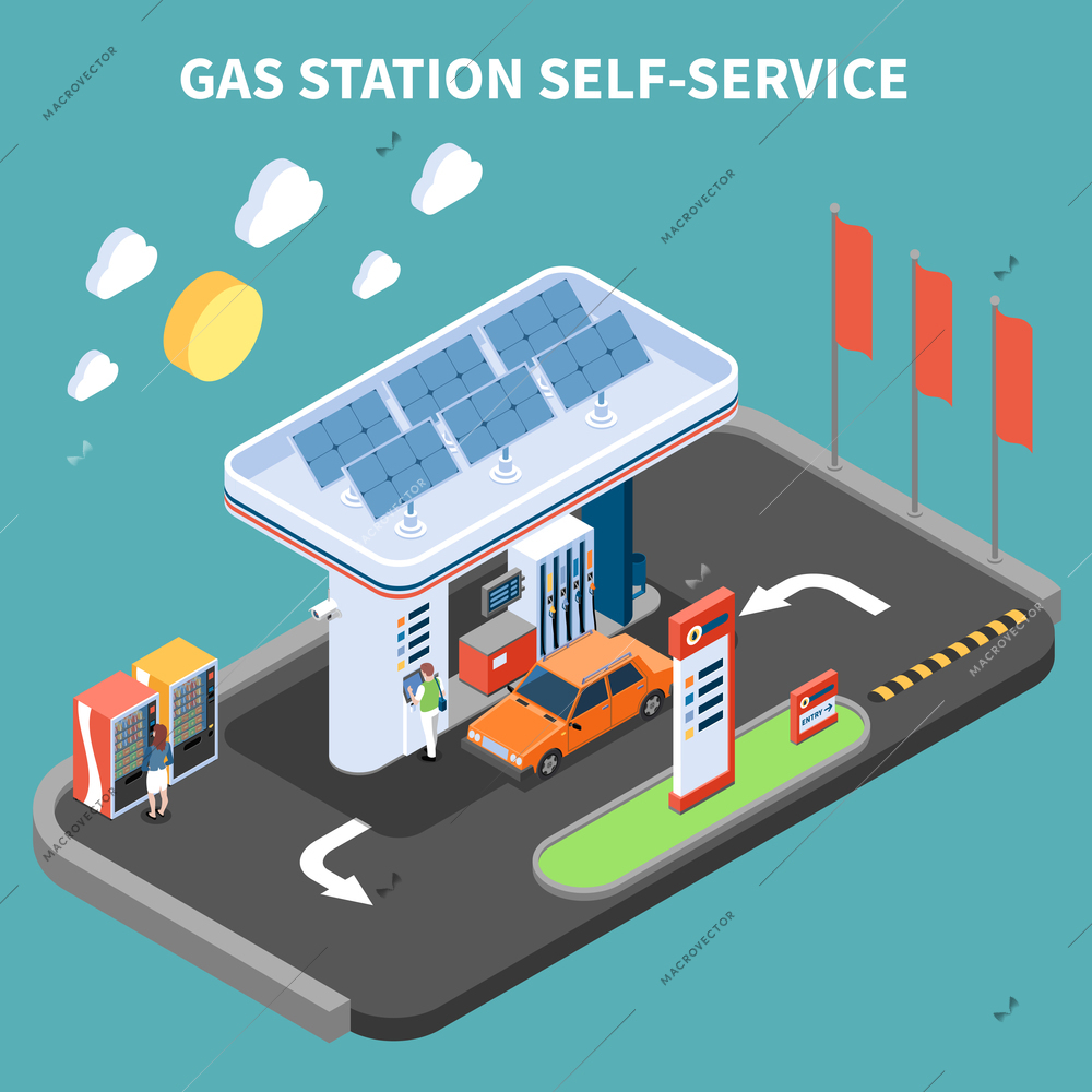 Self service at gas station with payment terminal and vending machine isometric composition turquoise background vector illustration