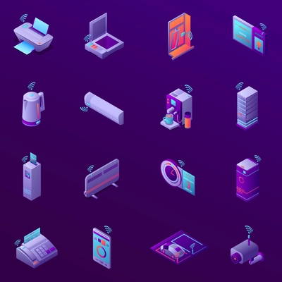 Set of isometric icons with iot technology for business office isolated on dark background vector illustration