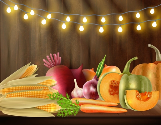 Colored Thanksgiving day background with vegetable still life on the table and lights at the top vector illustration