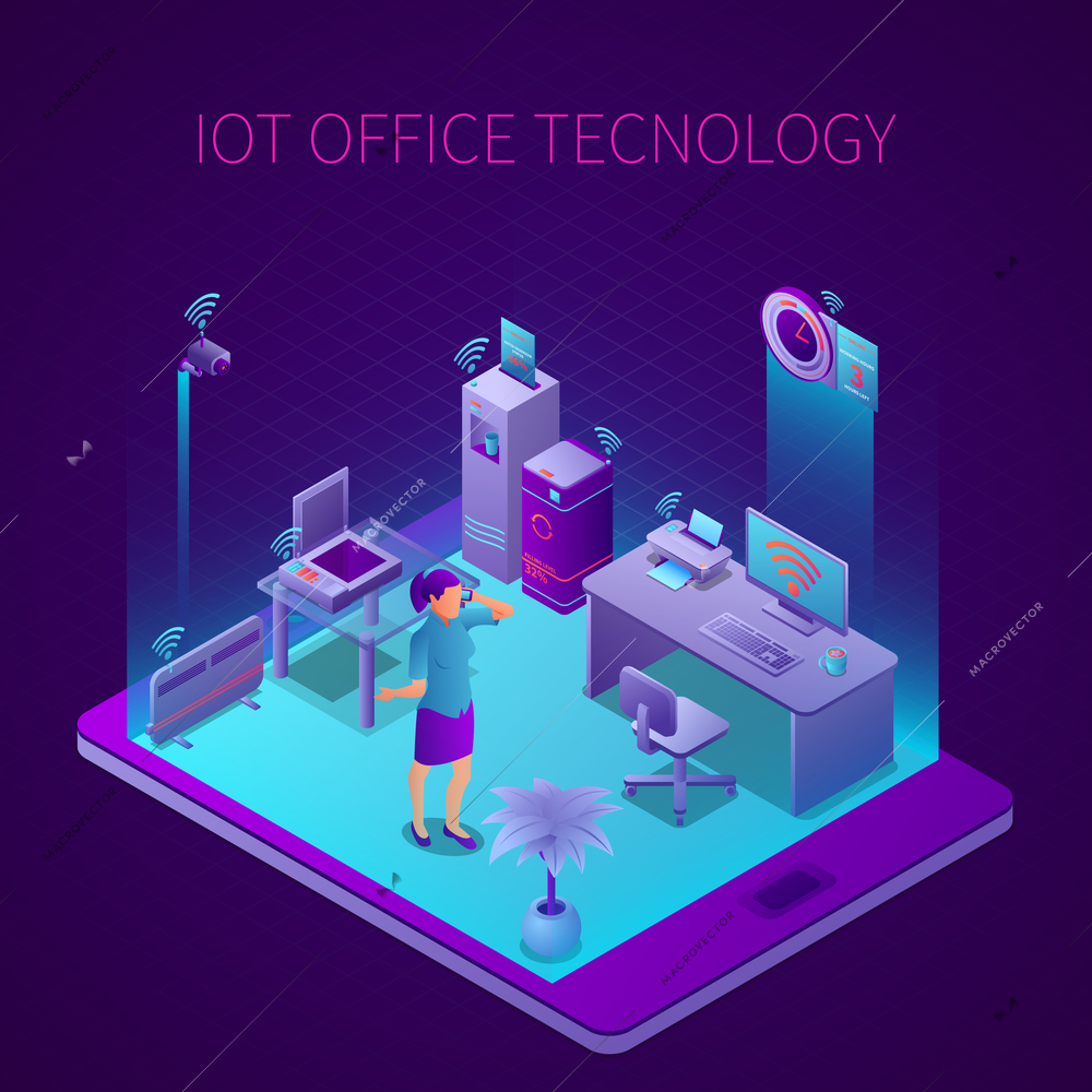 Iot technology at office work space isometric composition on mobile device screen dark background vector illustration