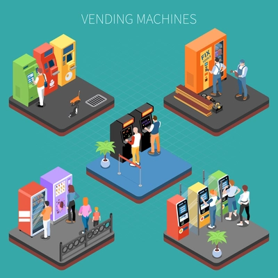 Customers near vending machines with goods and services isometric composition on turquoise background vector illustration