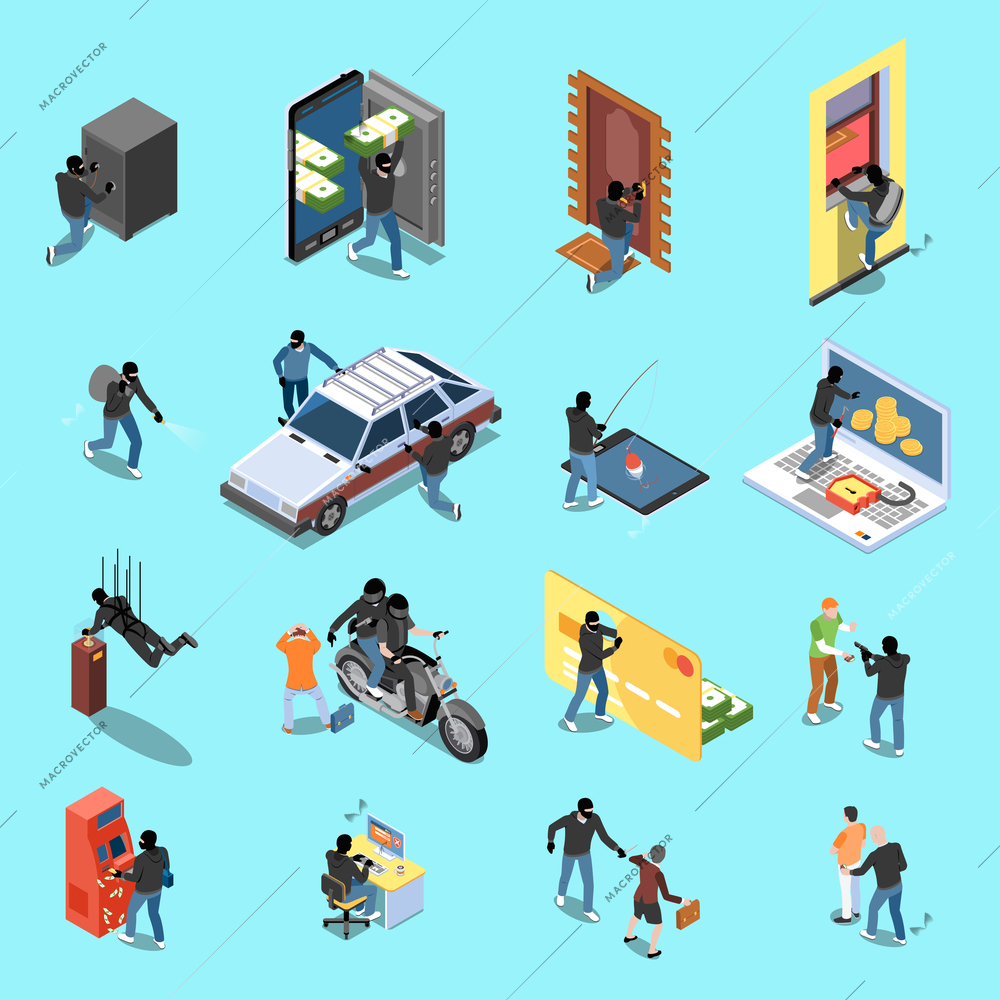 Thief during atm robbery car stealing internet fraud isometric icons on blue background isolated vector illustration