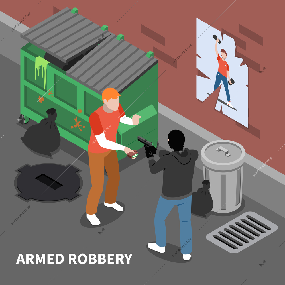 Armed thief in disguise during robbery of man with full wallet isometric composition vector illustration