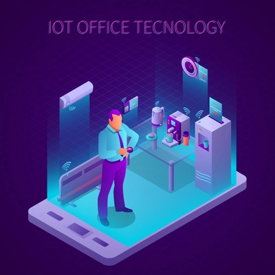 Iot technology in break room of business office isometric composition on dark background vector illustration