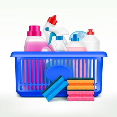 Detergent bottles in basket composition with realistic images of plastic bottles of washing liquids in market basket vector illustration