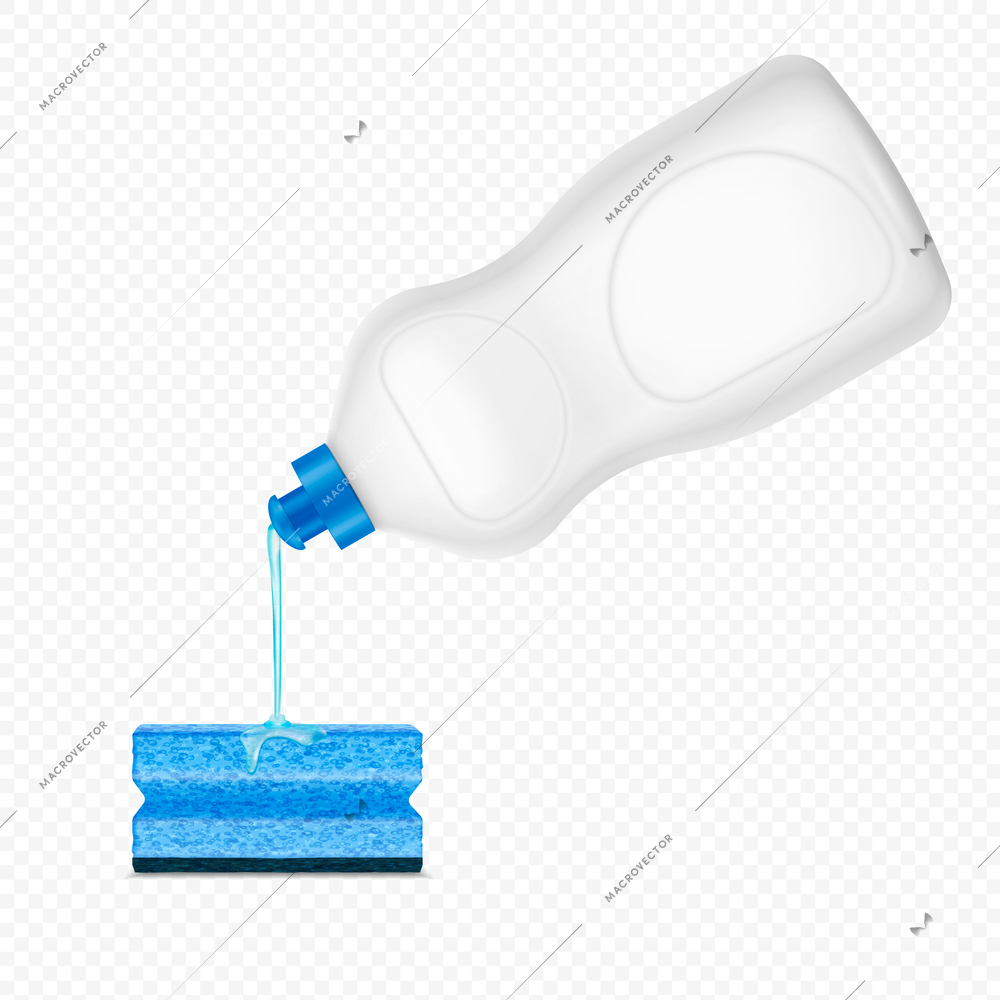 Dripping pouring detergent sponge realistic composition on transparent background with white plastic bottle of dishwashing liquid vector illustration