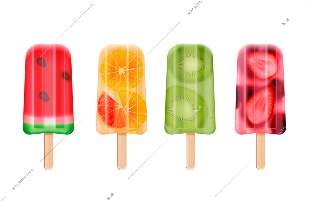 Fruit popsicles ice cream realistic set of isolated frozen stick confection images on blank background vector illustration