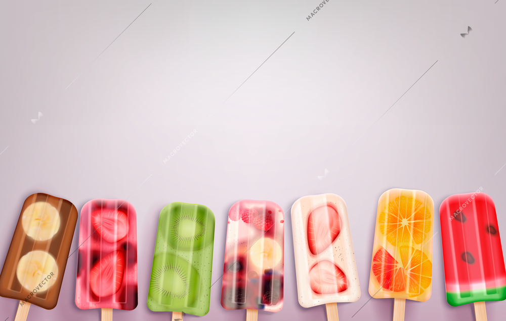 Fruit popsicles ice cream realistic background with images of frozen stick confections of different taste and flavour vector illustration