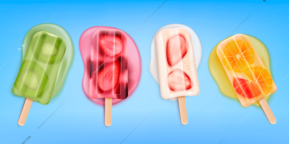 Melted fruit popsicles ice cream realistic set with four isolated images of icecream on stick vector illustration