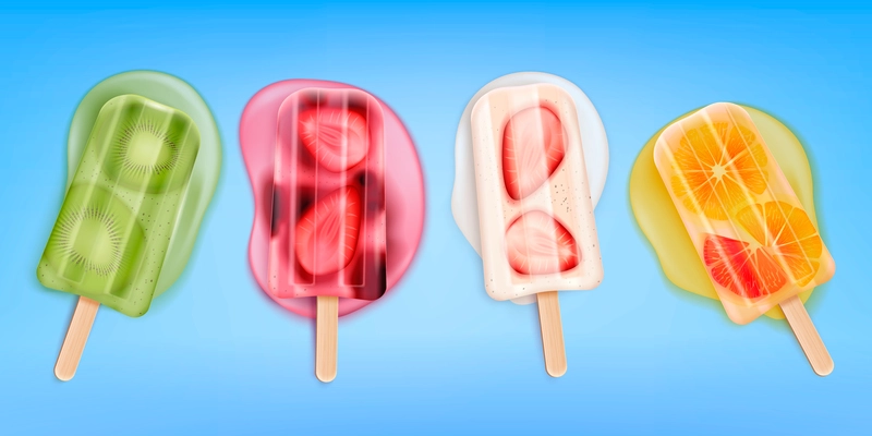 Melted fruit popsicles ice cream realistic set with four isolated images of icecream on stick vector illustration