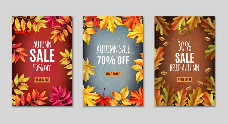 Thanksgiving day banner or tag set with autumn sale descriptions and orange leaves around vector illustration