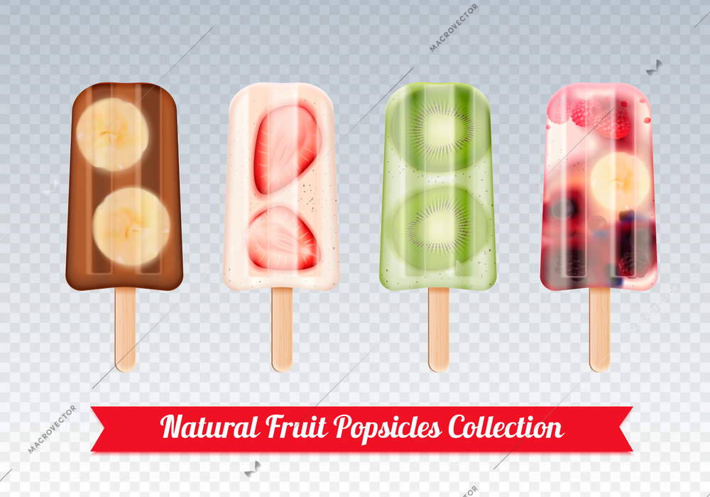 Fruit popsicles ice cream realistic set of frozen fruity icecream stick confection images on transparent background vector illustration