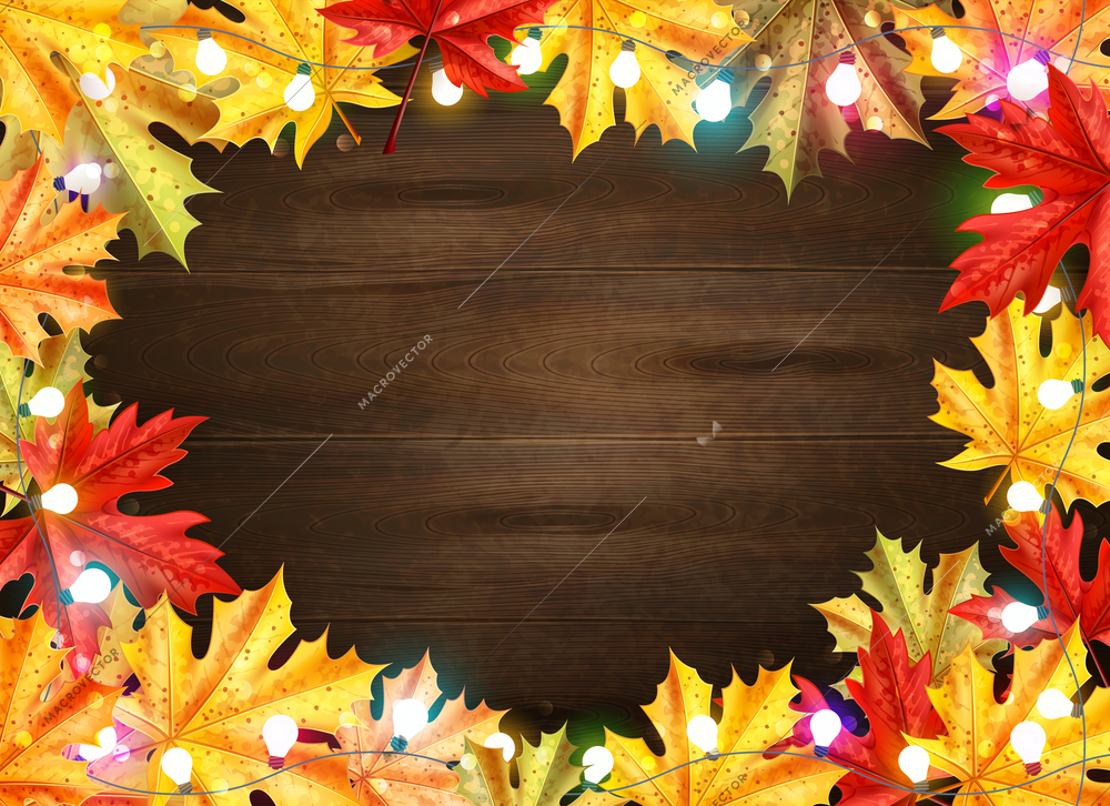 Thanksgiving day stylish frame with maple leaves and lights on dark brown wooden background vector illustration