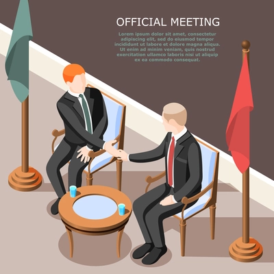Politicians during hand shake at official meeting isometric background vector illustration