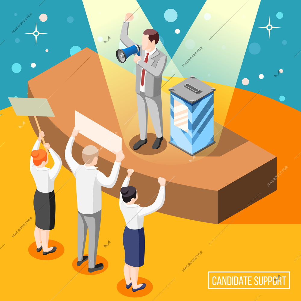 Support of political candidate during election campaign isometric background with orator and citizens with placards vector illustration