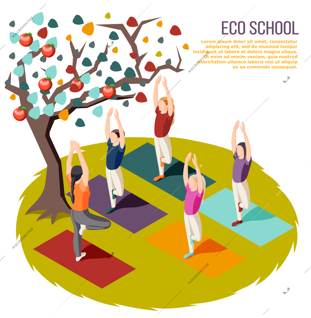 Alternative learning isometric composition eco school with yoga classes at outdoor vector illustration
