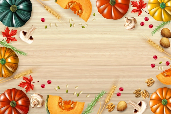 Thanksgiving day multicolored composition or frame with pumpkins sliced mushrooms and different elements of festive dish vector illustration