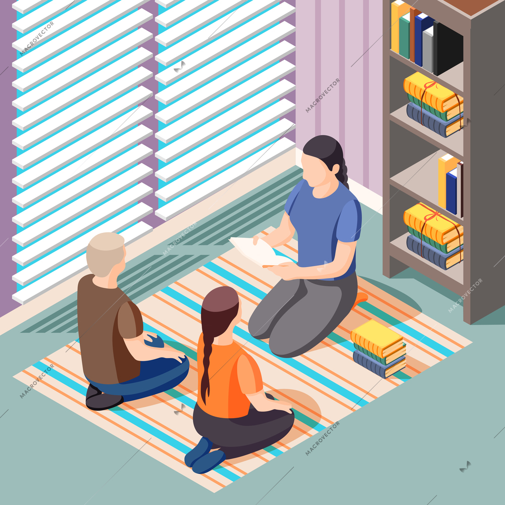 Alternative learning isometric background with teacher and kids sitting on floor during literature class vector illustration