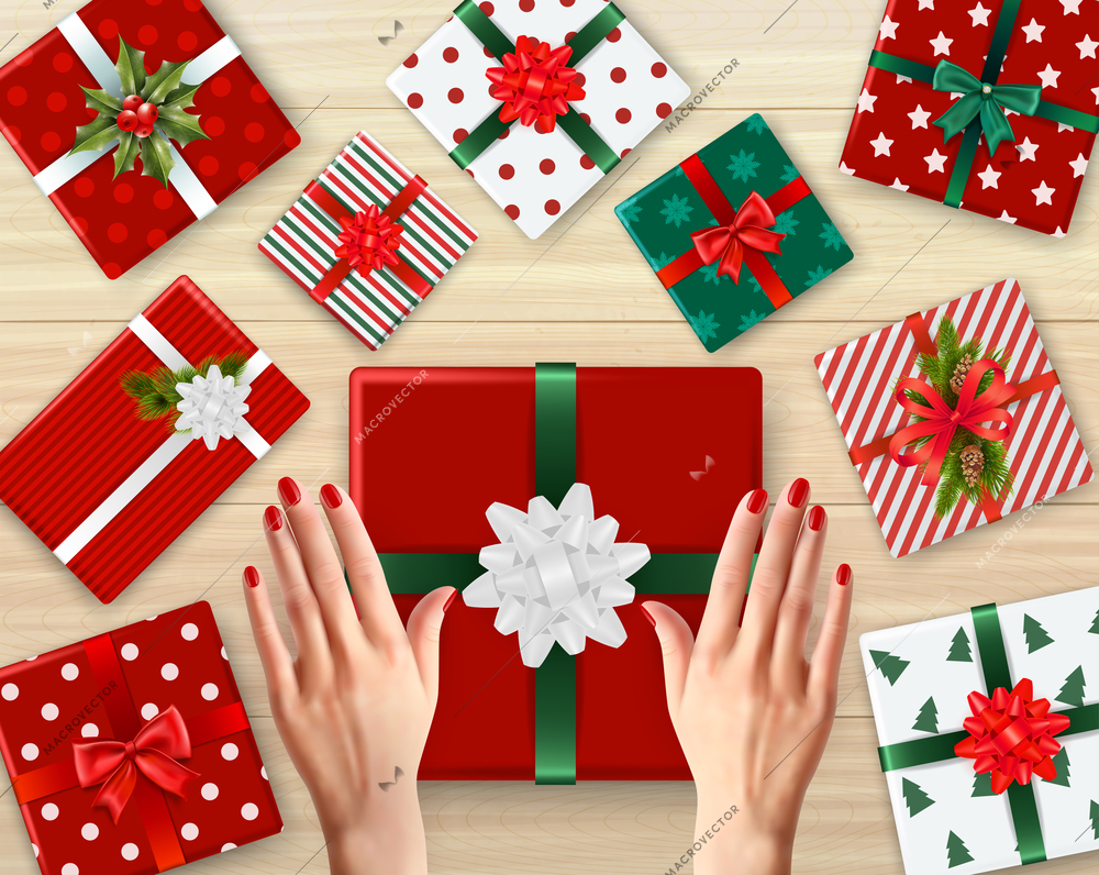 Female hands and decorated cardboard gift boxes of different color realistic background vector illustration