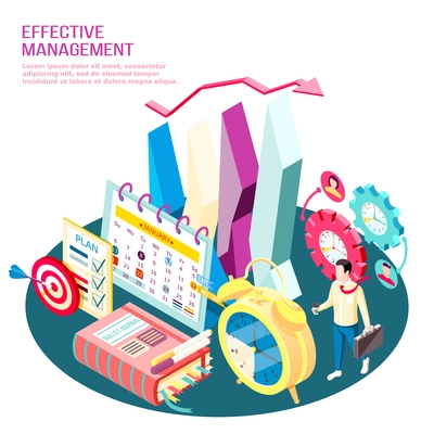 Effective management concept isometric composition business targets and work process optimization with infographic elements vector illustration
