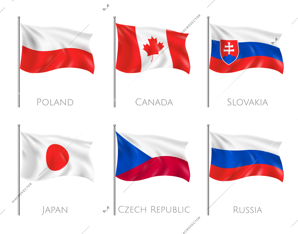 Official flags set with Poland and Canada flags realistic isolated vector illustration