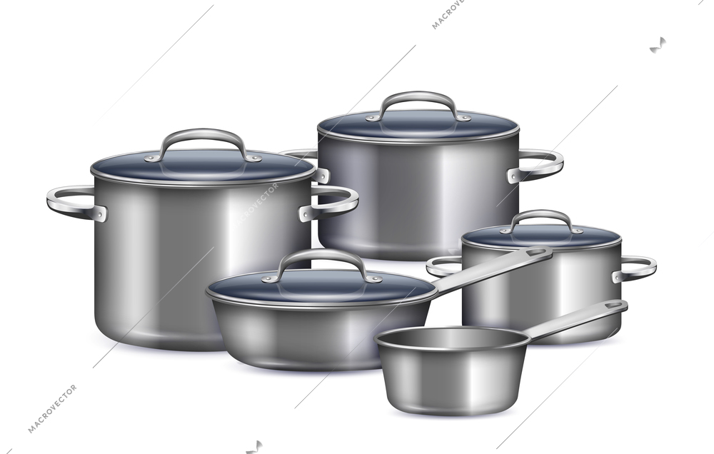 Saucepan set for cooking breakfast lunch and dinner realistic vector illustration