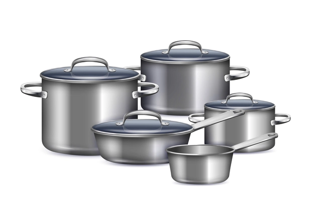 Saucepan set for cooking breakfast lunch and dinner realistic vector illustration