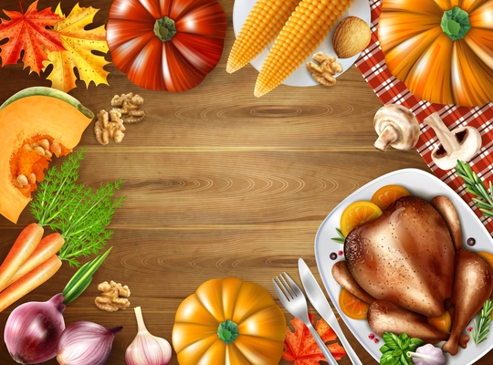 Thanksgiving day still life composition with festive dishes on table turkey corn pumpkin vector illustration