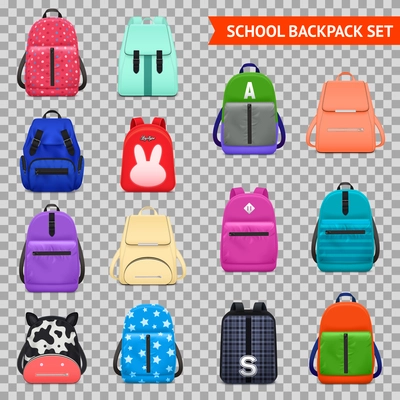 Realistic school backpack set on transparent background with isolated images of children bags of different colour vector illustration