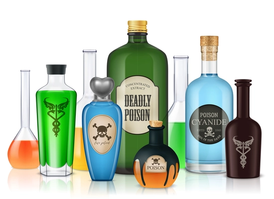 Realistic poison bottles composition with glass tubes and vessels filled with colourful liquids on blank background vector illustration