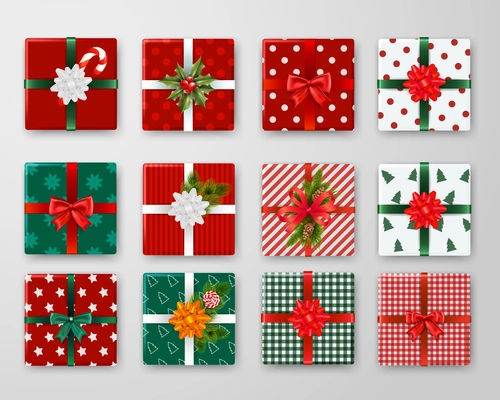 Realistic set of wrapped christmas gift boxes with colorful ribbons and bows isolated vector illustration