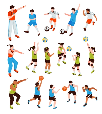 Isometric school sport kids team coach set of isolated human characters with team members and trainers vector illustration