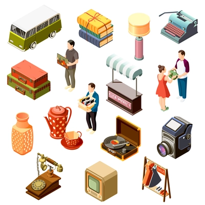 Isometric set of icons with various goods from flea market and customers isolated on white background 3d vector illustration