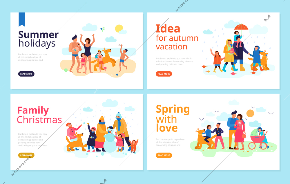 Spending family vacation season holidays free time together ideas 4 flat banners web page design vector illustration